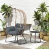 Woven Grey Wicker Outdoor Lounge Egg Chair With Coffee Table And Grey Cushion