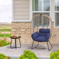 Woven Navy Wicker Outdoor Lounge Egg Chair With Coffee Table And Navy Cushion -More Furniture Store jearey outdoor lounge chairs egg ch ny 31 1000