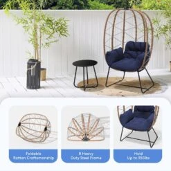 Woven Navy Wicker Outdoor Lounge Egg Chair With Coffee Table And Navy Cushion -More Furniture Store jearey outdoor lounge chairs egg ch ny 4f 1000
