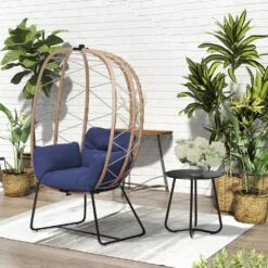 Woven Navy Wicker Outdoor Lounge Egg Chair With Coffee Table And Navy Cushion