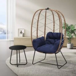 Woven Navy Wicker Outdoor Lounge Egg Chair With Coffee Table And Navy Cushion -More Furniture Store jearey outdoor lounge chairs egg ch ny c3 1000