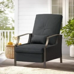 Charlotte Gray Wicker Outdoor Chaise Lounge Push Hand Recliner With Cushions