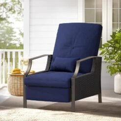 Charlotte Navy Wicker Outdoor Chaise Lounge Push Hand Recliner With Cushions