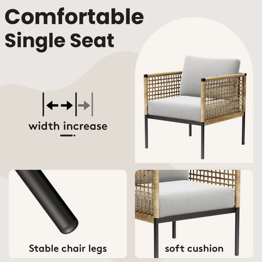 Outdoor Upholstered Natural Rattan Accent Lounge Chair With Cushion, Beige (Set Of 2) 3 Outdoor Upholstered Natural Rattan Accent Lounge Chair With Cushion, Beige (Set Of 2) - Image 3