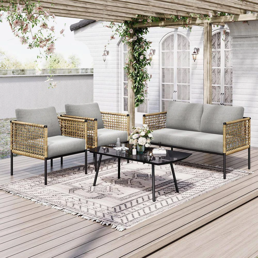 Outdoor Upholstered Natural Rattan Accent Lounge Chair With Cushion, Beige (Set Of 2) 4 Outdoor Upholstered Natural Rattan Accent Lounge Chair With Cushion, Beige (Set Of 2) - Image 4