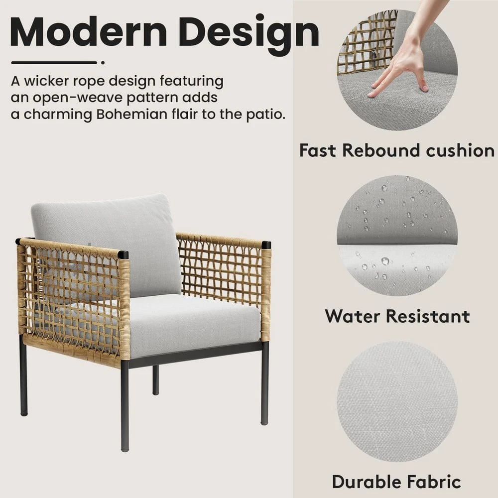 Outdoor Upholstered Natural Rattan Accent Lounge Chair With Cushion, Beige (Set Of 2) 2 Outdoor Upholstered Natural Rattan Accent Lounge Chair With Cushion, Beige (Set Of 2) - Image 2