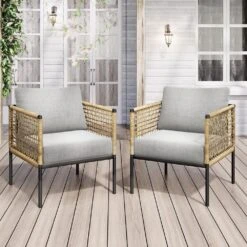 Outdoor Upholstered Natural Rattan Accent Lounge Chair With Cushion, Beige (Set Of 2)