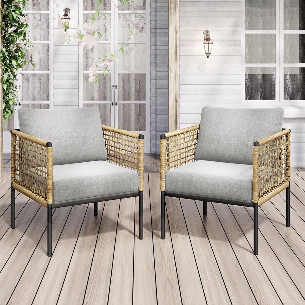 Outdoor Upholstered Natural Rattan Accent Lounge Chair With Cushion, Beige (Set Of 2) 1 Outdoor Upholstered Natural Rattan Accent Lounge Chair With Cushion, Beige (Set Of 2)