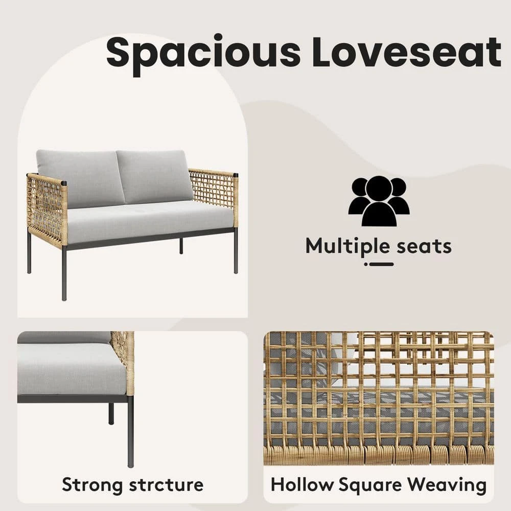 Outdoor Upholstered Natural Rattan Accent Lounge Chair With Cushion, Beige (Set Of 2) 5 Outdoor Upholstered Natural Rattan Accent Lounge Chair With Cushion, Beige (Set Of 2) - Image 5