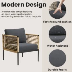 Outdoor Upholstered Natural Rattan Accent Lounge Chair With Cushion, Dark Gray(Set Of 2) -More Furniture Store jearey outdoor lounge chairs swsf2 dr 1f 1000