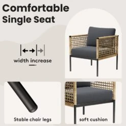 Outdoor Upholstered Natural Rattan Accent Lounge Chair With Cushion, Dark Gray(Set Of 2) -More Furniture Store jearey outdoor lounge chairs swsf2 dr 44 1000