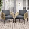 Outdoor Upholstered Natural Rattan Accent Lounge Chair With Cushion, Dark Gray(Set Of 2)