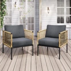 Outdoor Upholstered Natural Rattan Accent Lounge Chair With Cushion, Dark Gray(Set Of 2)
