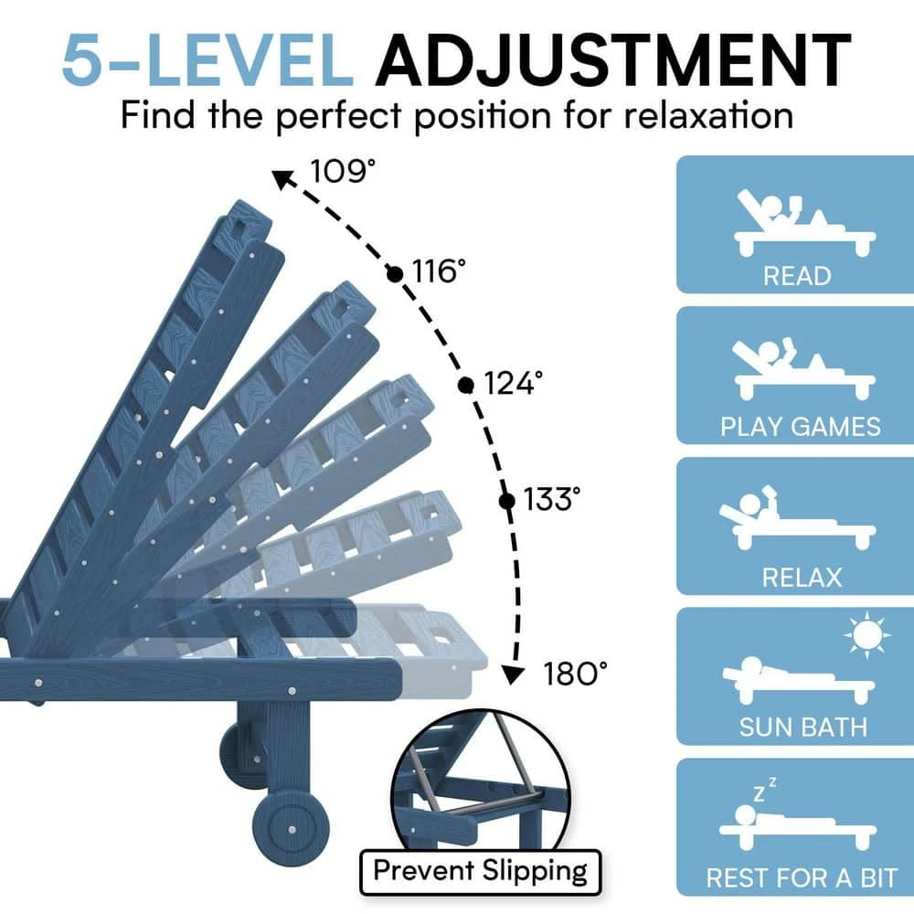 HDPE Navy 5-Level Adjustment Outdoor Lounge Recliner Chair (Set Of 2) 6 HDPE Navy 5-Level Adjustment Outdoor Lounge Recliner Chair (Set Of 2) - Image 6