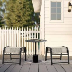 Textilene Fabric Metal Frame Beige Outdoor Ottoman With Navy Cushion For Patio (2-Pack) -More Furniture Store jearey outdoor ottomans jl beige 4f 1000