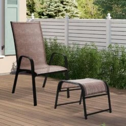 Textilene Fabric Metal Frame Brown Outdoor Ottoman With Navy Cushion For Patio(2-Pack) -More Furniture Store jearey outdoor ottomans jl brown 1f 1000