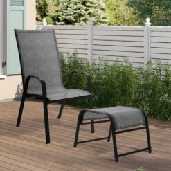 Textilene Fabric Metal Frame Gray Outdoor Ottoman With Navy Cushion For Patio (2-Pack) -More Furniture Store jearey outdoor ottomans jl hb 1f 1000