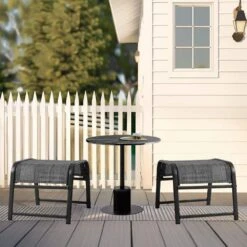 Textilene Fabric Metal Frame Gray Outdoor Ottoman With Navy Cushion For Patio (2-Pack) -More Furniture Store jearey outdoor ottomans jl hb 4f 1000