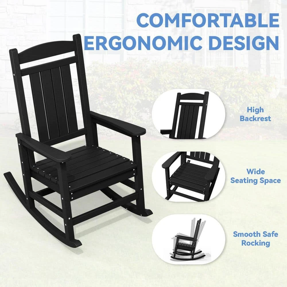 HDPE Plastic Slat Adirondack Outdoor Rocking Chair For Porch Rocker, Black 5 HDPE Plastic Slat Adirondack Outdoor Rocking Chair For Porch Rocker, Black - Image 5
