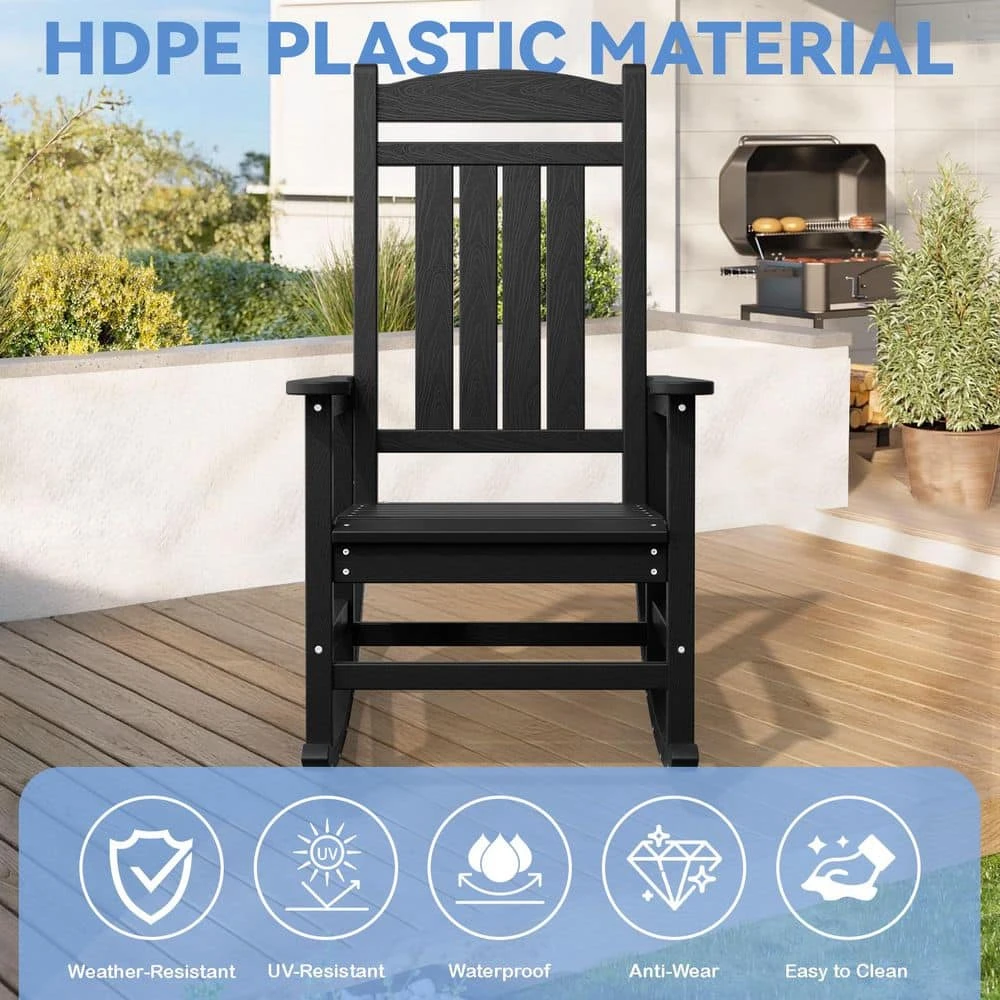 HDPE Plastic Slat Adirondack Outdoor Rocking Chair For Porch Rocker, Black 6 HDPE Plastic Slat Adirondack Outdoor Rocking Chair For Porch Rocker, Black - Image 6