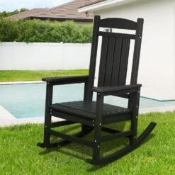 HDPE Plastic Slat Adirondack Outdoor Rocking Chair For Porch Rocker, Black