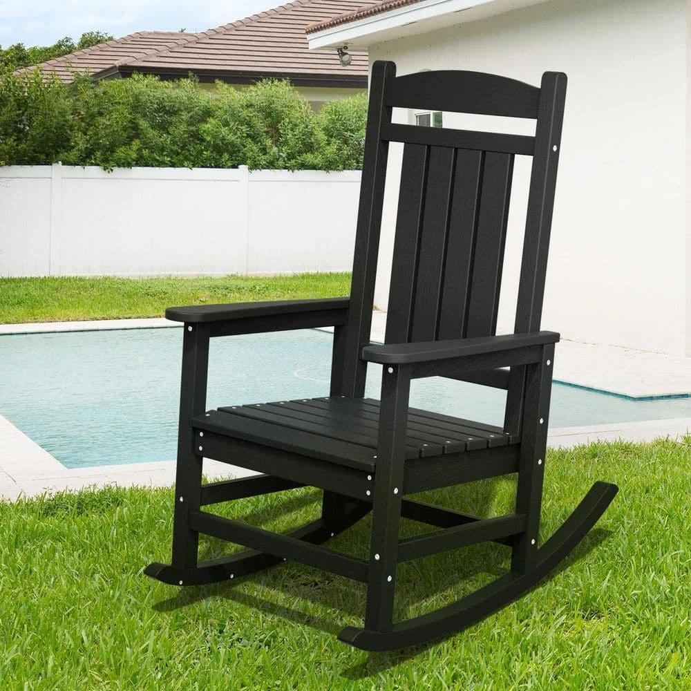 HDPE Plastic Slat Adirondack Outdoor Rocking Chair For Porch Rocker, Black 1 HDPE Plastic Slat Adirondack Outdoor Rocking Chair For Porch Rocker, Black