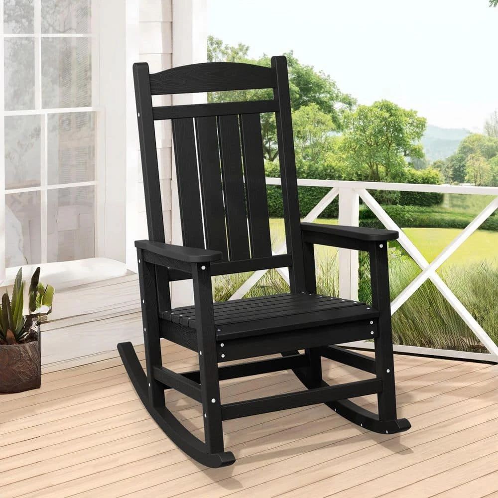 HDPE Plastic Slat Adirondack Outdoor Rocking Chair For Porch Rocker, Black 2 HDPE Plastic Slat Adirondack Outdoor Rocking Chair For Porch Rocker, Black - Image 2