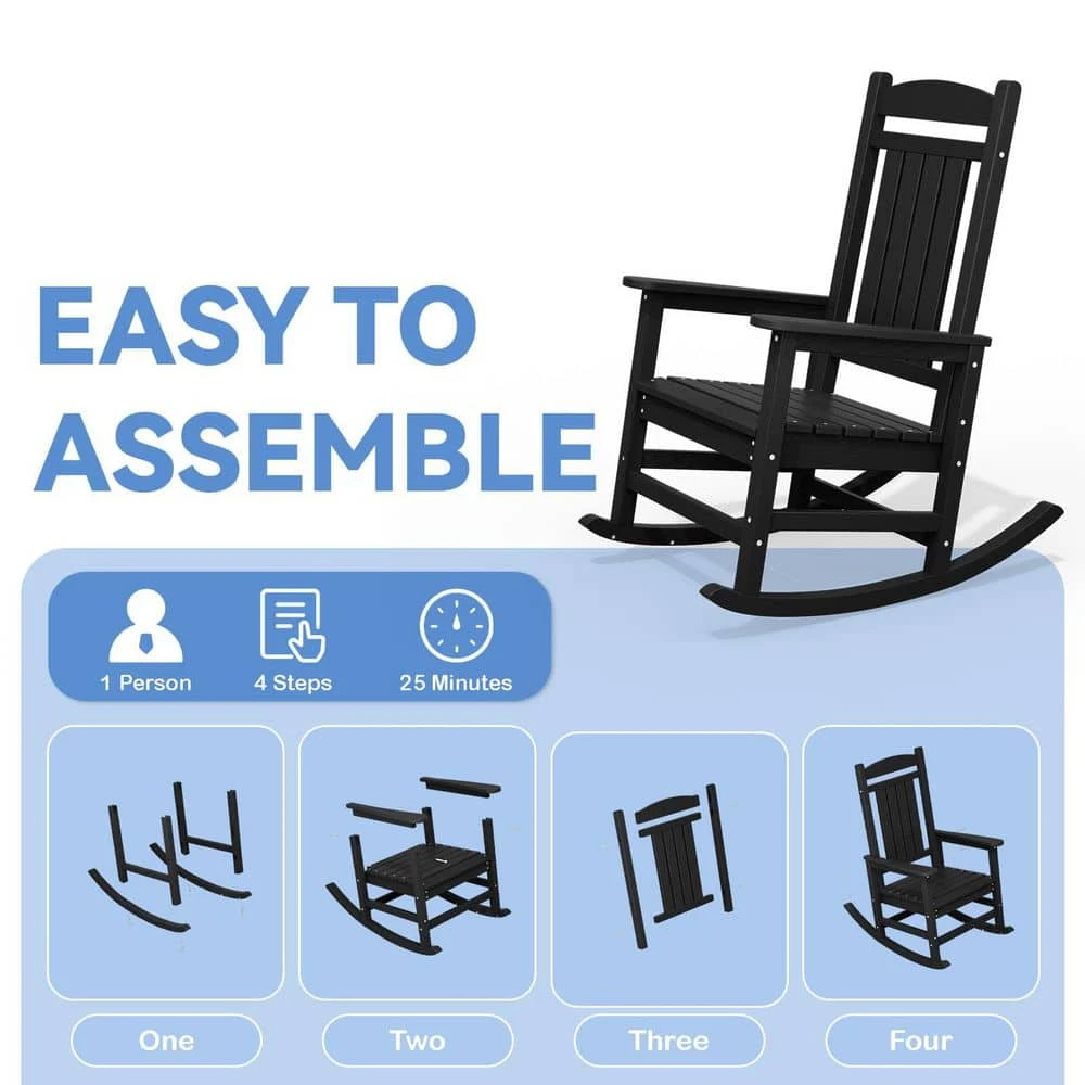 HDPE Plastic Slat Adirondack Outdoor Rocking Chair For Porch Rocker, Black 7 HDPE Plastic Slat Adirondack Outdoor Rocking Chair For Porch Rocker, Black - Image 7