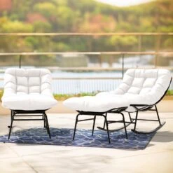Metal Outdoor Rocking Chair With White Padded Cushion And Ottoman Foot Rest For Balcony (Set Of 2) -More Furniture Store jearey outdoor rocking chairs 2nhw white 31 1000