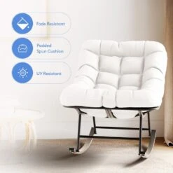 Metal Outdoor Rocking Chair With White Padded Cushion And Ottoman Foot Rest For Balcony (Set Of 2) -More Furniture Store jearey outdoor rocking chairs 2nhw white 4f 1000