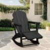 Adirondack Plastic HDPE Folding Outdoor Rocking Chair With Retractable Ottoman And Cup Holder For Patios In Black