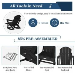 Adirondack Plastic HDPE Folding Outdoor Rocking Chair With Retractable Ottoman And Cup Holder For Patios In Black -More Furniture Store jearey outdoor rocking chairs dgnyy black 76 1000