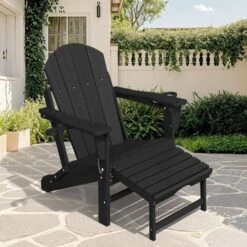 Adirondack Plastic HDPE Folding Outdoor Rocking Chair With Retractable Ottoman And Cup Holder For Patios In Black -More Furniture Store jearey outdoor rocking chairs dgnyy black c3 1000