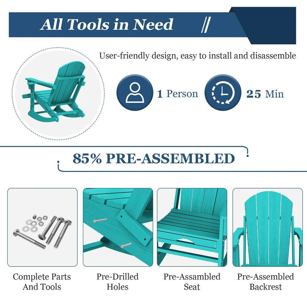 Adirondack Plastic HDPE Folding Outdoor Rocking Chair With Retractable Ottoman And Cup Holder For Patios In Peacock Blue 8 Adirondack Plastic HDPE Folding Outdoor Rocking Chair With Retractable Ottoman And Cup Holder For Patios In Peacock Blue - Image 8