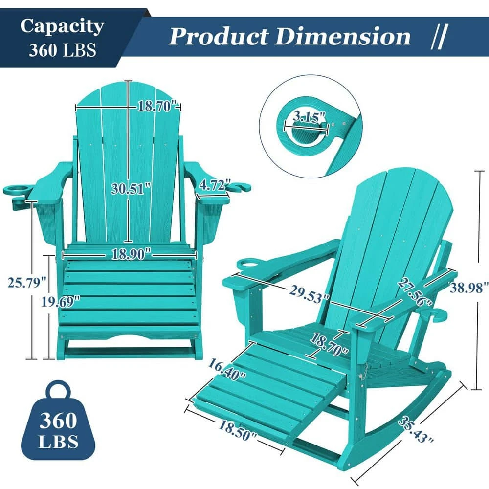 Adirondack Plastic HDPE Folding Outdoor Rocking Chair With Retractable Ottoman And Cup Holder For Patios In Peacock Blue 2 Adirondack Plastic HDPE Folding Outdoor Rocking Chair With Retractable Ottoman And Cup Holder For Patios In Peacock Blue - Image 2