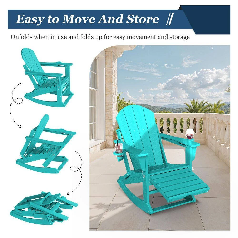Adirondack Plastic HDPE Folding Outdoor Rocking Chair With Retractable Ottoman And Cup Holder For Patios In Peacock Blue 7 Adirondack Plastic HDPE Folding Outdoor Rocking Chair With Retractable Ottoman And Cup Holder For Patios In Peacock Blue - Image 7