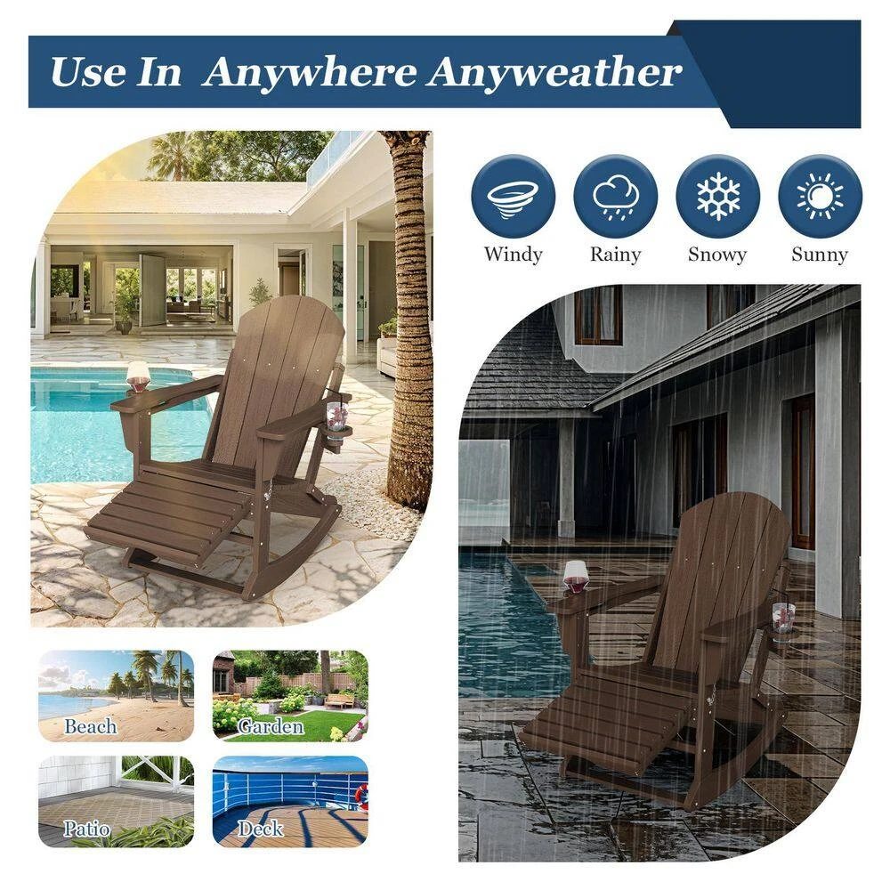 Adirondack Plastic HDPE Folding Outdoor Rocking Chair With Retractable Ottoman And Cup Holder For Patios In BRown 9 Adirondack Plastic HDPE Folding Outdoor Rocking Chair With Retractable Ottoman And Cup Holder For Patios In BRown - Image 9