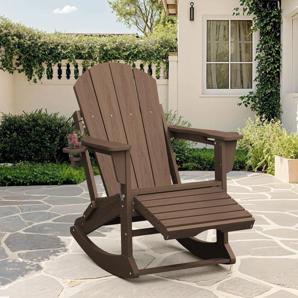 Adirondack Plastic HDPE Folding Outdoor Rocking Chair With Retractable Ottoman And Cup Holder For Patios In BRown 1 Adirondack Plastic HDPE Folding Outdoor Rocking Chair With Retractable Ottoman And Cup Holder For Patios In BRown