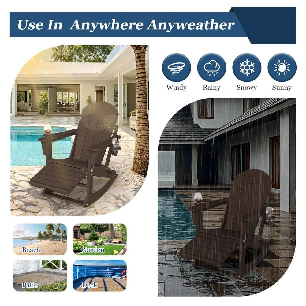 Adirondack Plastic HDPE Folding Outdoor Rocking Chair With Retractable Ottoman And Cup Holder For Patios In Coffee 9 Adirondack Plastic HDPE Folding Outdoor Rocking Chair With Retractable Ottoman And Cup Holder For Patios In Coffee - Image 9