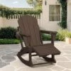 Adirondack Plastic HDPE Folding Outdoor Rocking Chair With Retractable Ottoman And Cup Holder For Patios In Coffee