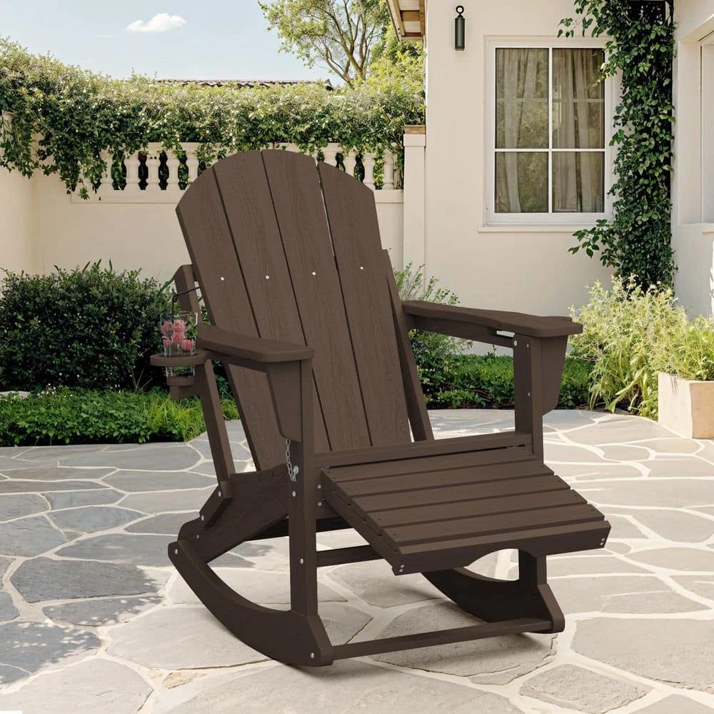 Adirondack Plastic HDPE Folding Outdoor Rocking Chair With Retractable Ottoman And Cup Holder For Patios In Coffee 1 Adirondack Plastic HDPE Folding Outdoor Rocking Chair With Retractable Ottoman And Cup Holder For Patios In Coffee