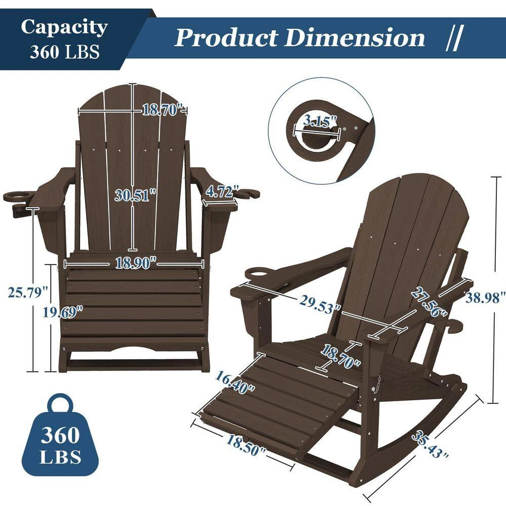 Adirondack Plastic HDPE Folding Outdoor Rocking Chair With Retractable Ottoman And Cup Holder For Patios In Coffee 2 Adirondack Plastic HDPE Folding Outdoor Rocking Chair With Retractable Ottoman And Cup Holder For Patios In Coffee - Image 2