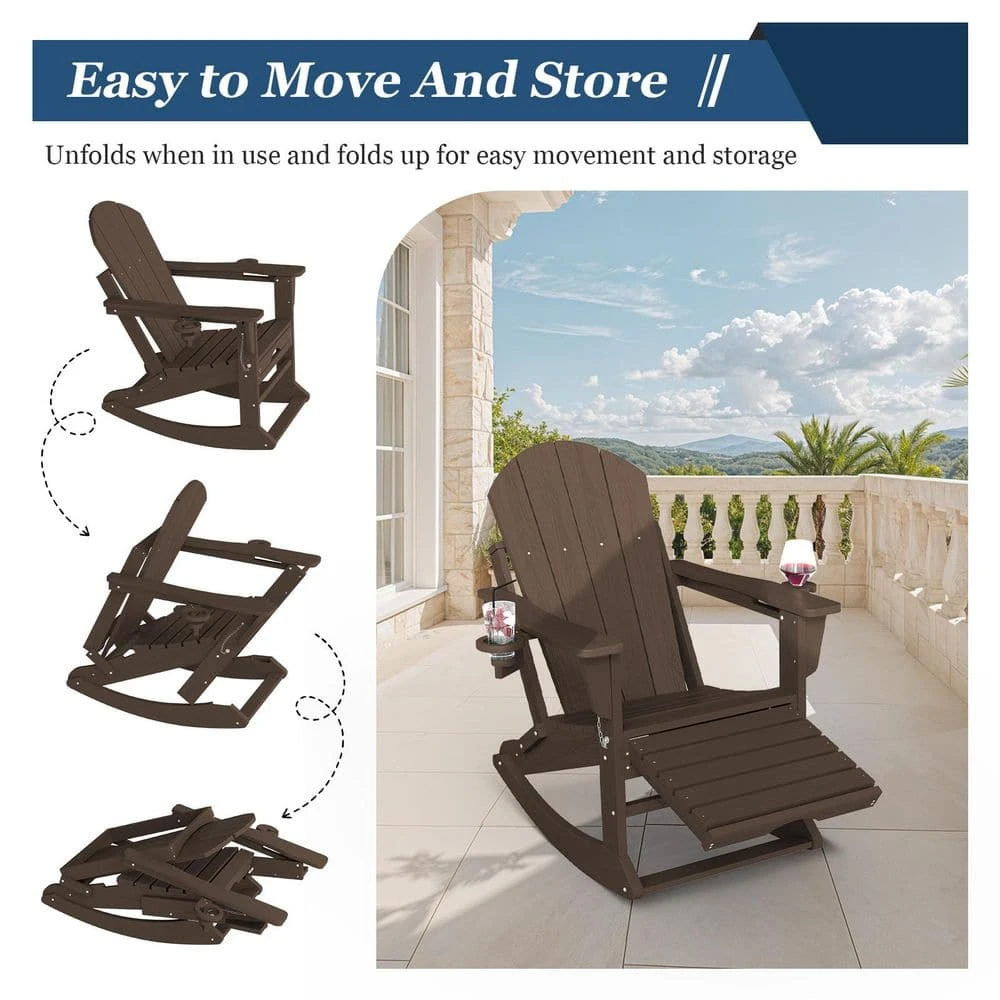 Adirondack Plastic HDPE Folding Outdoor Rocking Chair With Retractable Ottoman And Cup Holder For Patios In Coffee 7 Adirondack Plastic HDPE Folding Outdoor Rocking Chair With Retractable Ottoman And Cup Holder For Patios In Coffee - Image 7