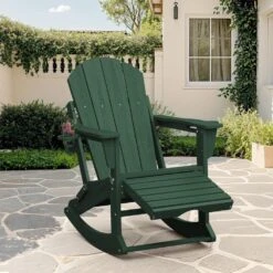 Adirondack Plastic HDPE Folding Outdoor Rocking Chair With Retractable Ottoman And Cup Holder For Patios In Dark Gray