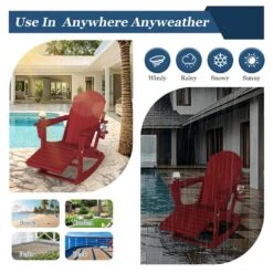 Adirondack Plastic HDPE Folding Outdoor Rocking Chair With Retractable Ottoman And Cup Holder For Porches In Dark Red -More Furniture Store jearey outdoor rocking chairs dgnyy dark red 31 1000