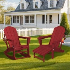 Adirondack Plastic HDPE Folding Outdoor Rocking Chair With Retractable Ottoman And Cup Holder For Porches In Dark Red -More Furniture Store jearey outdoor rocking chairs dgnyy dark red 40 1000