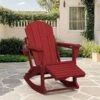 Adirondack Plastic HDPE Folding Outdoor Rocking Chair With Retractable Ottoman And Cup Holder For Porches In Dark Red