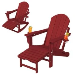 Adirondack Plastic HDPE Folding Outdoor Rocking Chair With Retractable Ottoman And Cup Holder For Porches In Dark Red -More Furniture Store jearey outdoor rocking chairs dgnyy dark red c3 1000