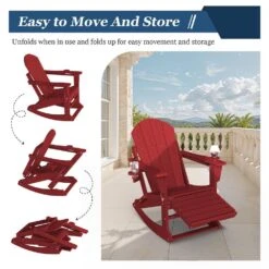 Adirondack Plastic HDPE Folding Outdoor Rocking Chair With Retractable Ottoman And Cup Holder For Porches In Dark Red -More Furniture Store jearey outdoor rocking chairs dgnyy dark red fa 1000