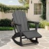 Adirondack Plastic HDPE Folding Outdoor Rocking Chair With Retractable Ottoman And Cup Holder For Patios In Gray
